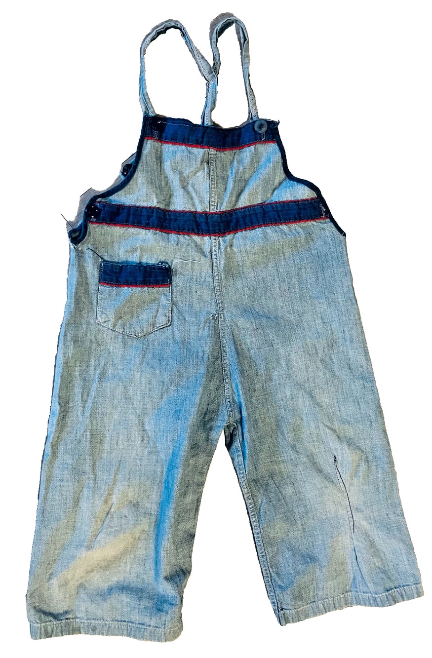 Vintage 70s Toddler Kids Overalls Blue Jean Red Navy Details Buttons 18M 2T